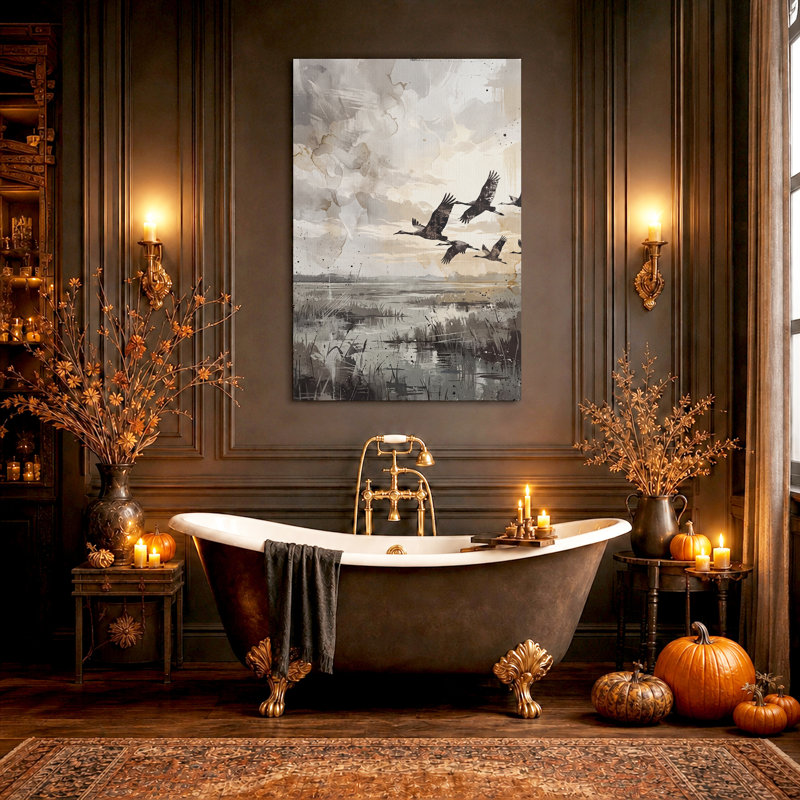 Grues volant au-dessus des marais, toile murale d'Halloween beige et grise, 30"H x 20"W