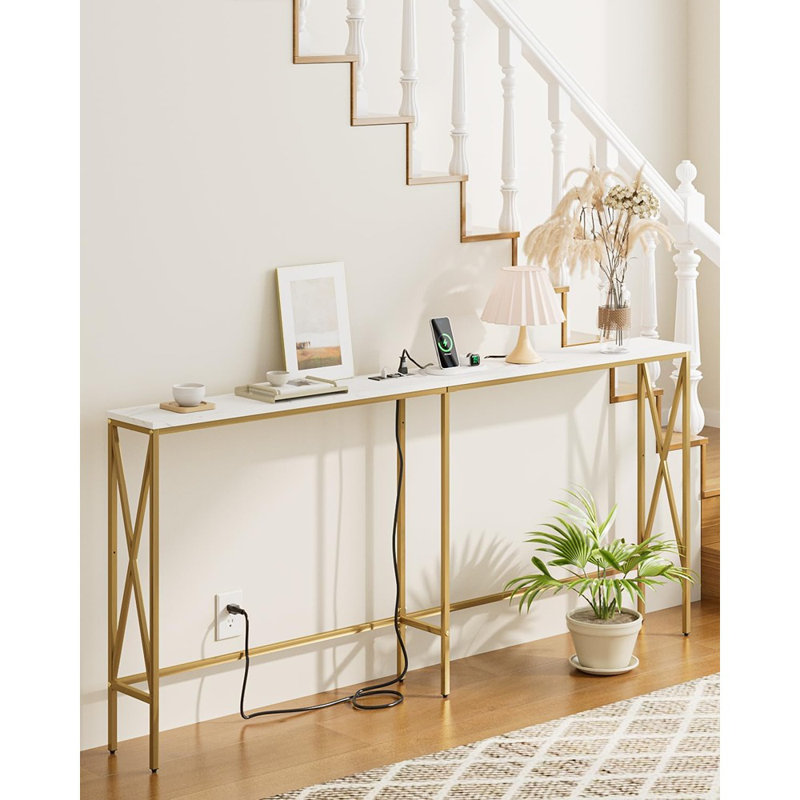 Console de 70,9 po avec prise de courant, canapé long et étroit derrière le canapé, table d'entrée Skinny, canapé industriel avec cadre en métal pour le couloir, le salon, marbre blanc