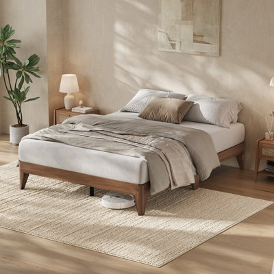 Structure de lit plateforme en bois pour grand lit, pieds et lattes en bois, support central en métal, silencieux, aucun sommier requis, assemblage facile, brun foncé