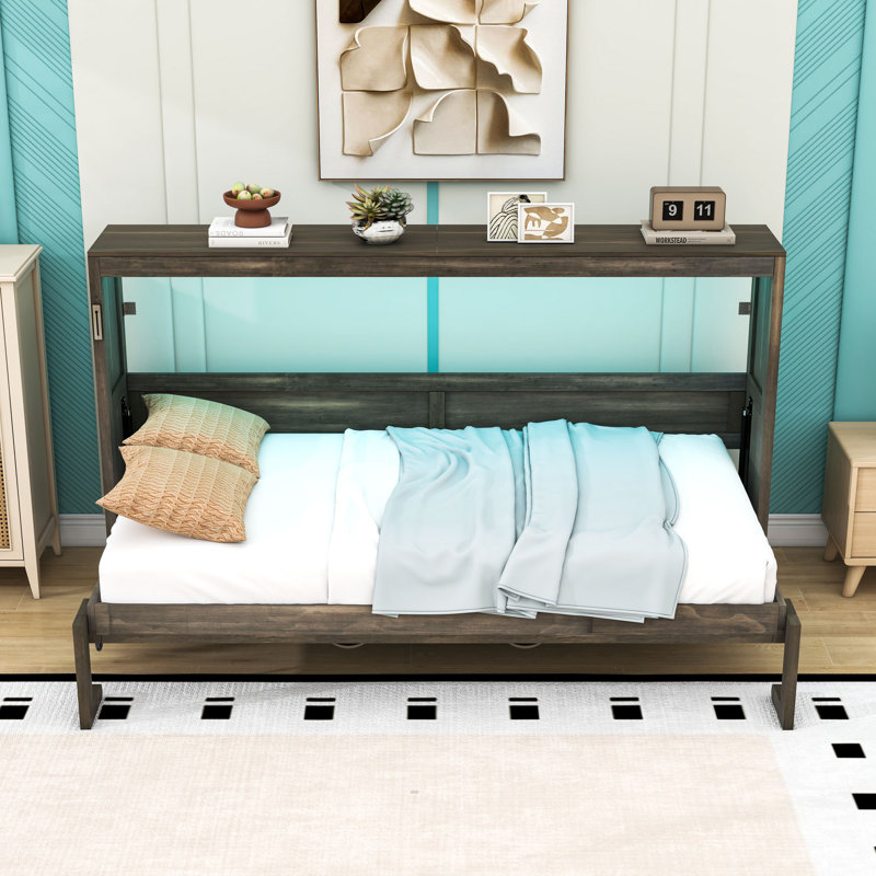 Lit escamotable simple en bois avec éclairage DEL et verrou de sécurité, Brown