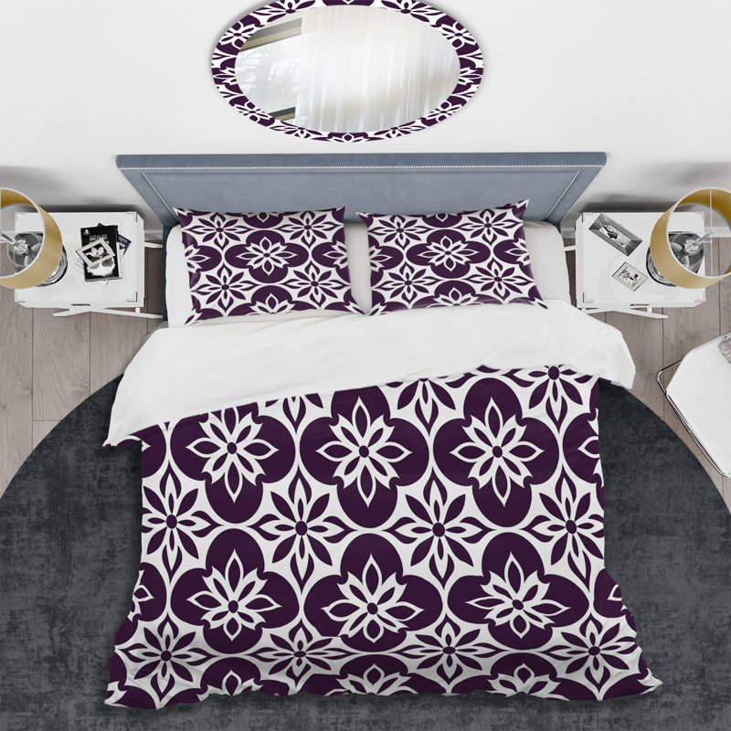 Ensemble de housse de couette moderne mauve blanc damassé Elegance X, Housse de couette simple et deux taies décorative