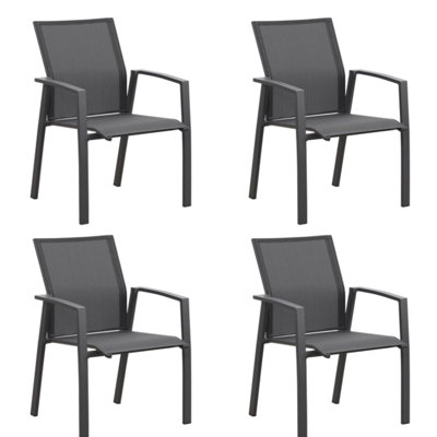 Entièrement assemblé, 4 chaises de patio empilables en aluminium gris avec sièges respirants, conviennent aux petites terrasses de sièges et de sièges en filet, aux cours extérieures, aux jardins, aux patios, aux terrasses, aux balcons, ou