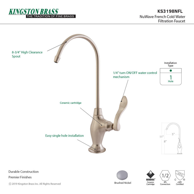 Kingston Brass NuWave French Single-Handle 1-Hole Deck Mount Water Filtration Faucet, Brushed Nickel