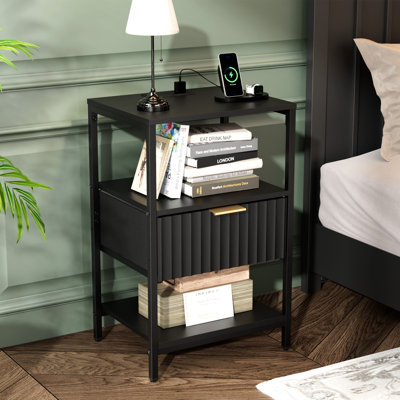 15 Inches Wide Nightstand - 1 Drawer, 2 Shelves, US Power Outlet - Set Of 2