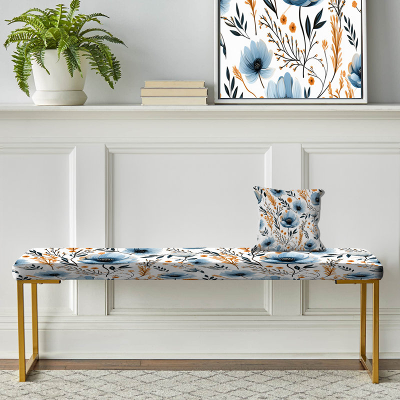 Floral Upholstered Gold Bench, Watercolor Whimsy Blue Floral