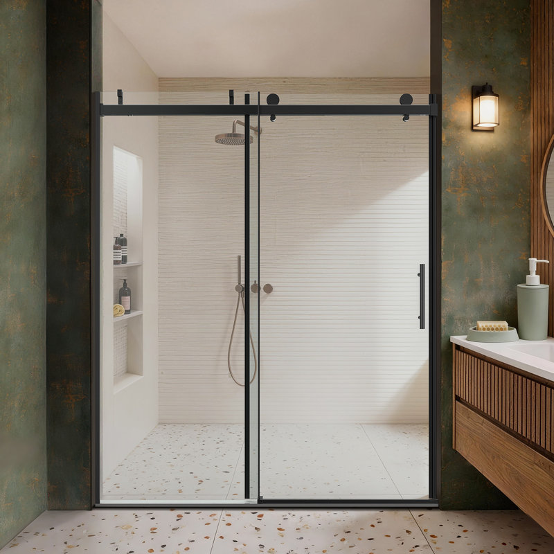 BCANHome Porte de douche coulissante sans cadre avec système d'amortissement tampon l 56 à 60 po x H 76 po | Verre trempé de 10 mm (3/8 po), quincaillerie antirouille en acier inoxydable, film antidéflagrant, coulissant facile à nettoyer et lisse, robuste et durable