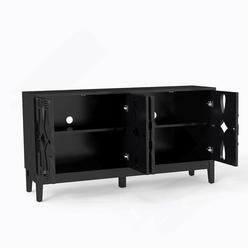 Buffet 60,5 "Mid Century Modern Buffet avec rangement, meuble télé, armoire de rangement avec 4 portes et tablettes réglables pour la cuisine, le salon, le vestibule, noir