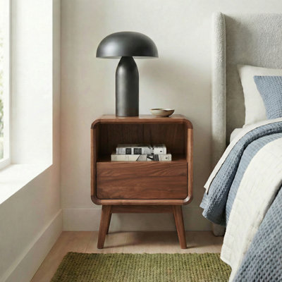 20.5"H MCM Compact Solid Wood Nightstand with Drawer & Open Shelf