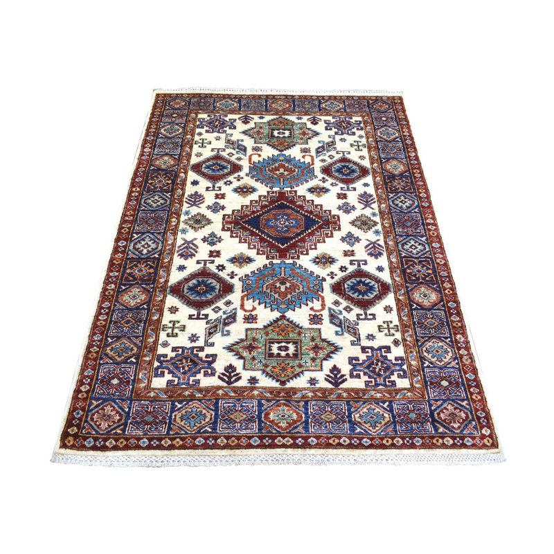 Tapis Kazak super noué à la main ivoire en laine pure 4 pi 1 po x 5 pi 8 po