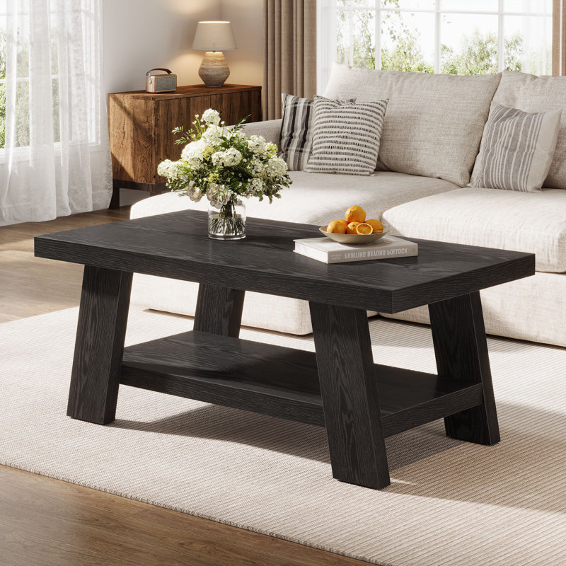 47.2" Farmhouse Coffee Table, 2-Tiers Storage Shelves for Living Room (Black), Black