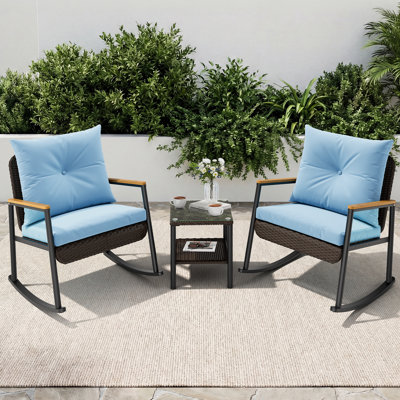 3 Piece Patio Furniture Set With Thick Cushions And 2-tier Glass Coffee Table