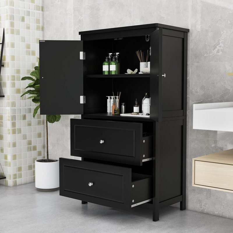 Beaucet Elegant Wood Freestanding Bathroom Cabinet with Adjustable Shelf, Doors and Drawers, Black