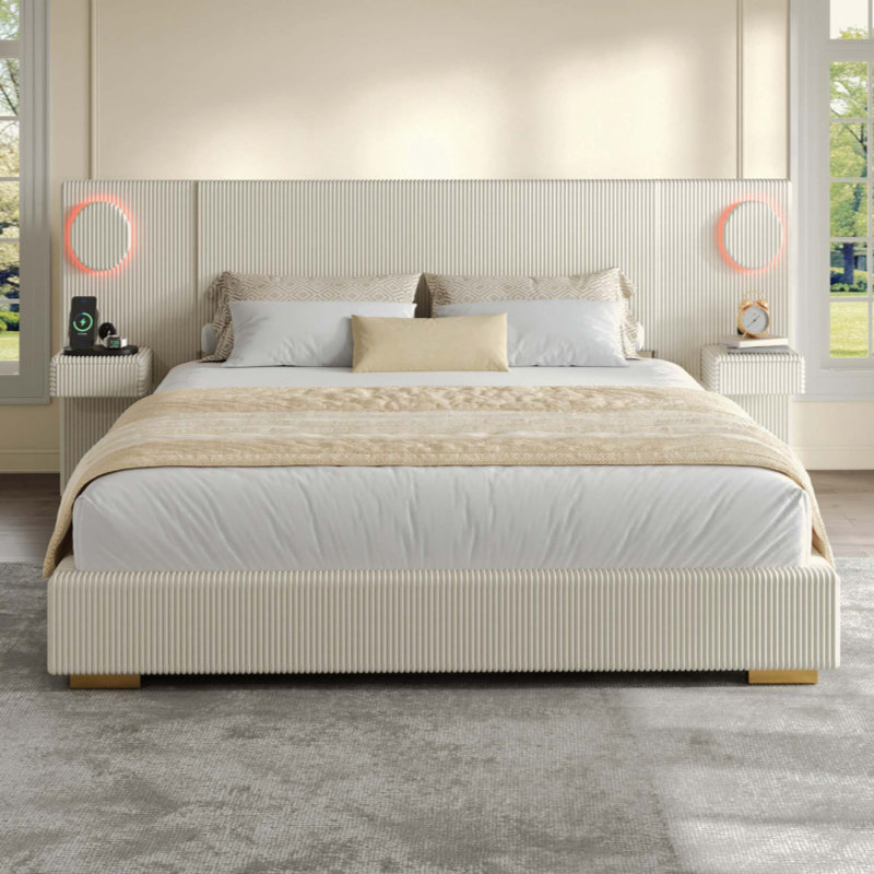 Lit plateforme tapissier avec lumières circulaires à DEL, ports de chargement USB et tiroirs de rangement latéraux, King