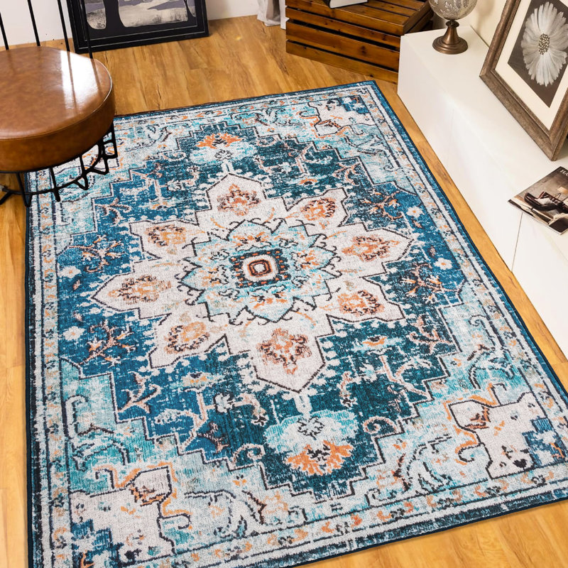 8x10 Large Area Rug, Vintage Design, Washable Non-slip For Bedroom Loft, Blue/gold Floral Loft Rug Style, Cosmetics Area,