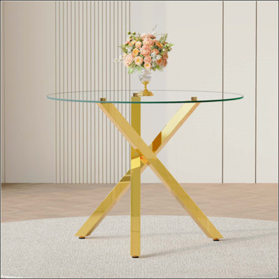 Round Glass Dining Table For 2-4 People, X-Shaped Metal Frame, Stylish And Space-Efficient.