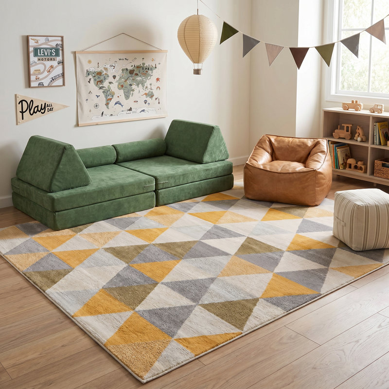 Tapis jaune à motif abstrait Ayo, Rectangle 5 pi 3 po x 7 pi 7 po
