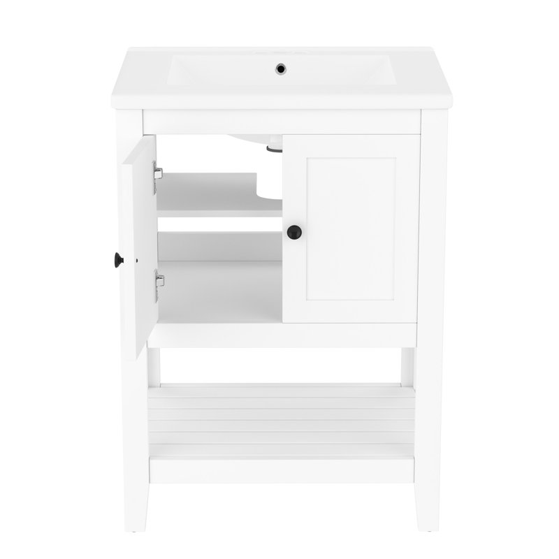 Meuble-lavabo moderne en blanc, lavabo en céramique, bois massif, vaste espace de rangement blanc de 24 po avec options généreuses