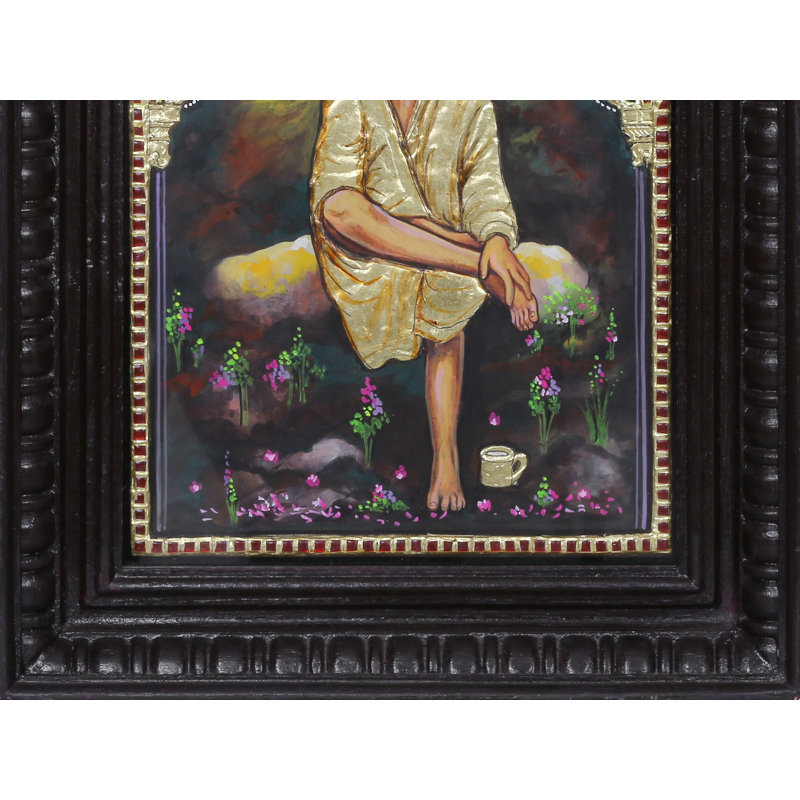 Peinture de Tanjore assis Sai Baba | Couleurs traditionnelles avec or 24 carats | Avec cadre