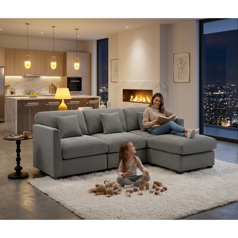 Virgus Corduroy Sectional, Light Gray Corduroy