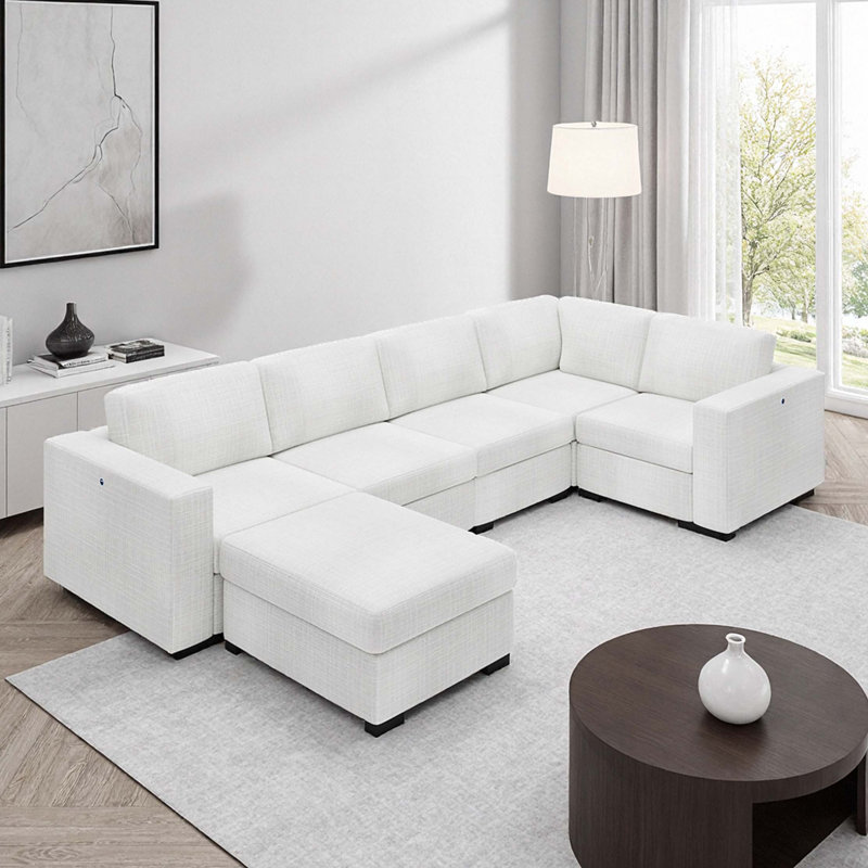 Canapé modulaire en forme de U de 127 po avec repose-pieds - ports USB / Type-C, aménagement convertible, mousse haute densité et structure en bois massif