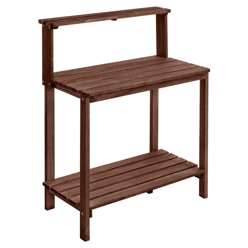 Table de rempotage, poste de travail de jardinage extérieur avec plateau en bois de 36 x 20 po, poste de travail de plantation de jardin avec tablettes de rangement, crochet pour patio extérieur, cour arrière, brun