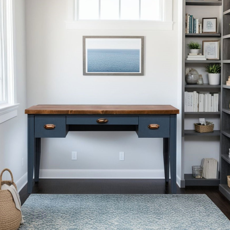 Bureau 53 pouces sans assemblage avec finition bleu denim et whisky, parfait pour le bureau à domicile et les espaces d'étude
