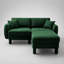 Canapé d'angle 2 places en tissu bouclé, avec accoudoirs originaux en forme de coquillage et pouf amovible, pieds cylindriques recouverts du même tissu, coloris vert.