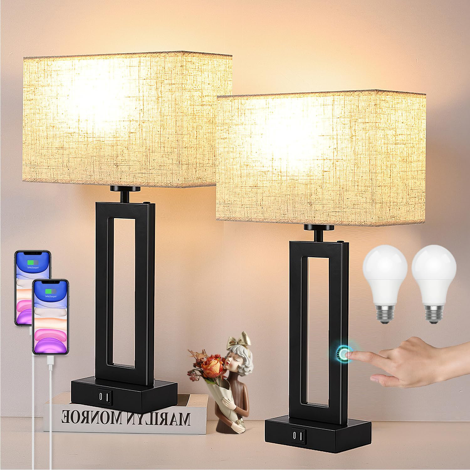 Table Lamp Box Latitude Run® Lamps For Bedrooms Set Of 2 Touch Control Table Lamp With ...