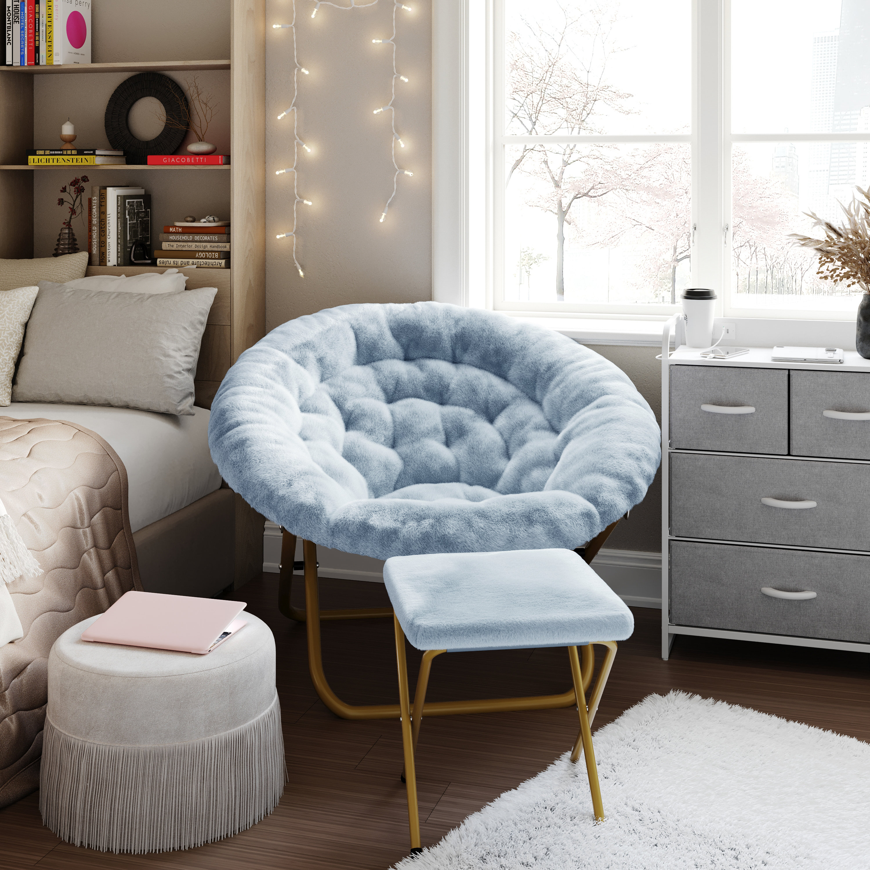 Mercer41 Oversize Portable Faux Fur Folding Saucer Moon Chair with Folding  Ottoman Wayfair Canada