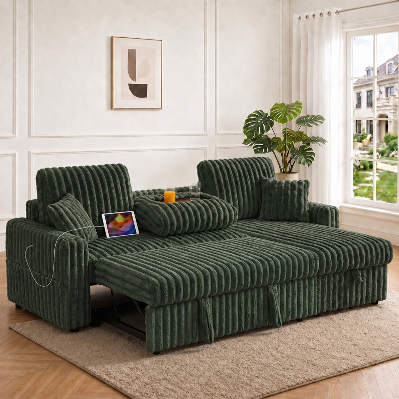 81" Reversible Sleeper Sofa Bed with Storage Chaise, 3-in-1 L-shaped Pull-out Couch Featuring Charging Station, Cup Holder & Side Pocket, Plush Corduroy Upholstery, for Living Room, Apartment