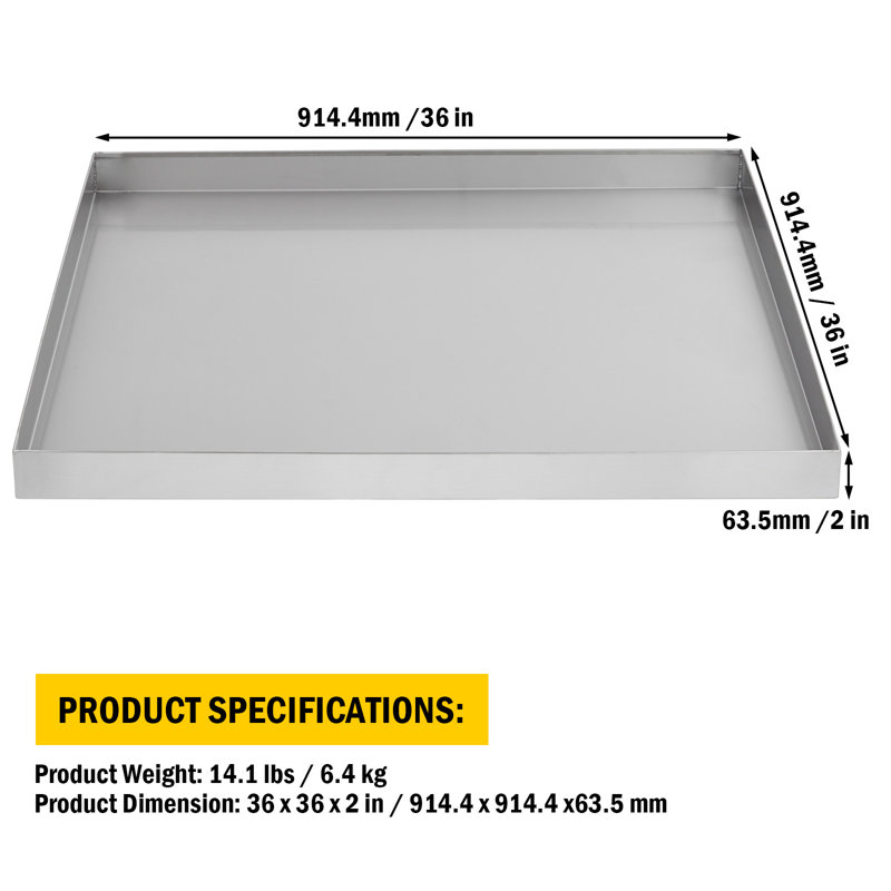 Bac à linge en acier inoxydable 304 robuste - 36 x 36 x 2 pouces - Résistant à la rouille, plateau d'égouttement facile à nettoyer pour protéger le plancher de la salle de lavage - Durable, sans trou de bonde