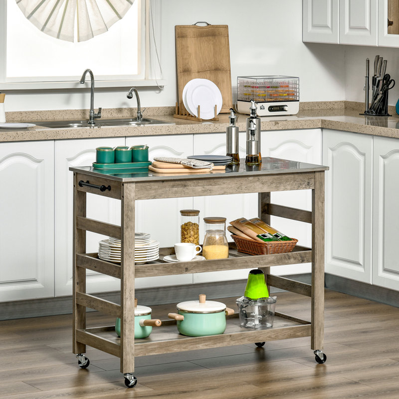 Chariot pour îlot de cuisine roulant, comptoir en acier inoxydable, rangement à 2 tablettes gris, fente centrale pour une installation pratique du plan de travail, tablette, système de rangement pratique à 4 roues
