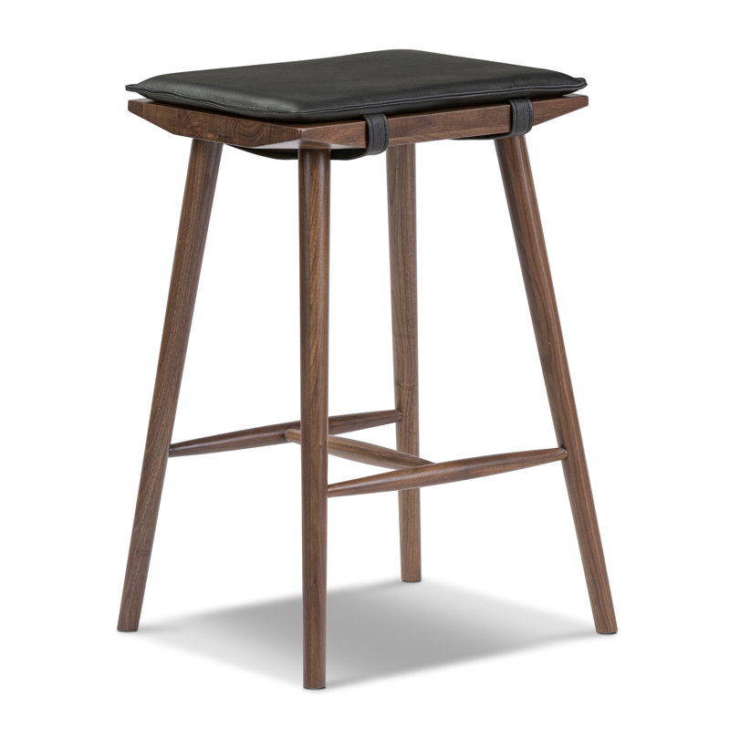 Valentino 25" Genuine Leather Wood Counter Stool, Noir / brun