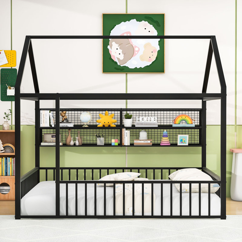 Lit plateforme en métal avec tablettes, Full, Noir