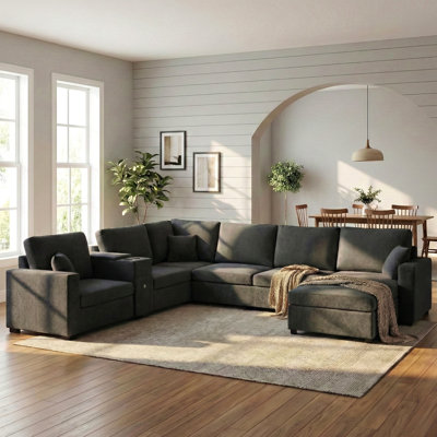Canapé modulaire à 5 places, canapé modulaire en forme de U de 134 po, grand canapé familial avec méridienne, siège profond confortable, porte-gobelets intégrés, tiroir de rangement et coussins pour le salon