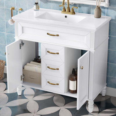 Meuble-lavabo 36 po avec lavabo, meuble autoportant avec lavabo en céramique, cadre en bois aggloméré et en bois massif, tiroir supérieur rabattable, portes à fermeture en douceur, 2 tiroirs de rangement, poignées dorées