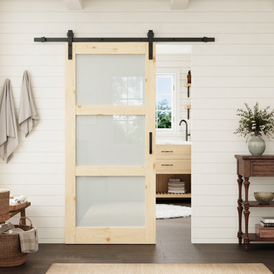 Porte intérieure à 3 panneaux en pin et verre dépoli trempé, 36 po x 80 po, avec quincaillerie noire de style porte de grange. Convient au salon et au garde-manger.