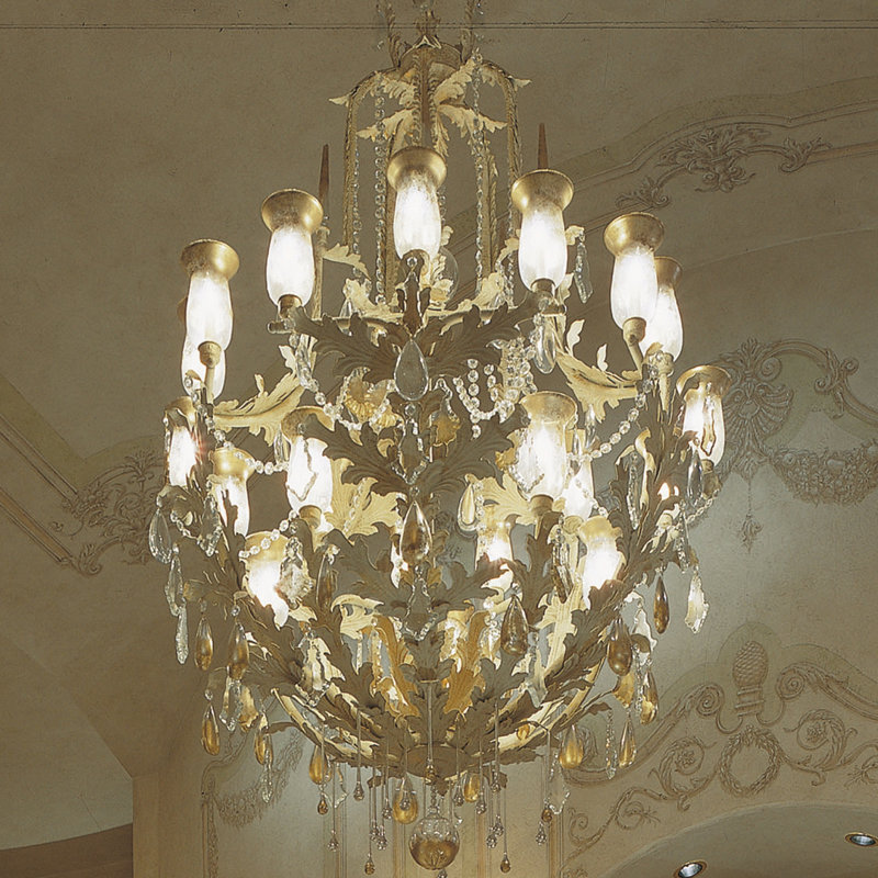 French Baroque 16 - Light Chandelier, White Parchment, Gilded Tobacco