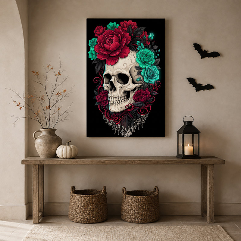 Art mural sur toile, crâne stylisé avec fleurs rouges et bleu sarcelle, H 30 po x l 20 po