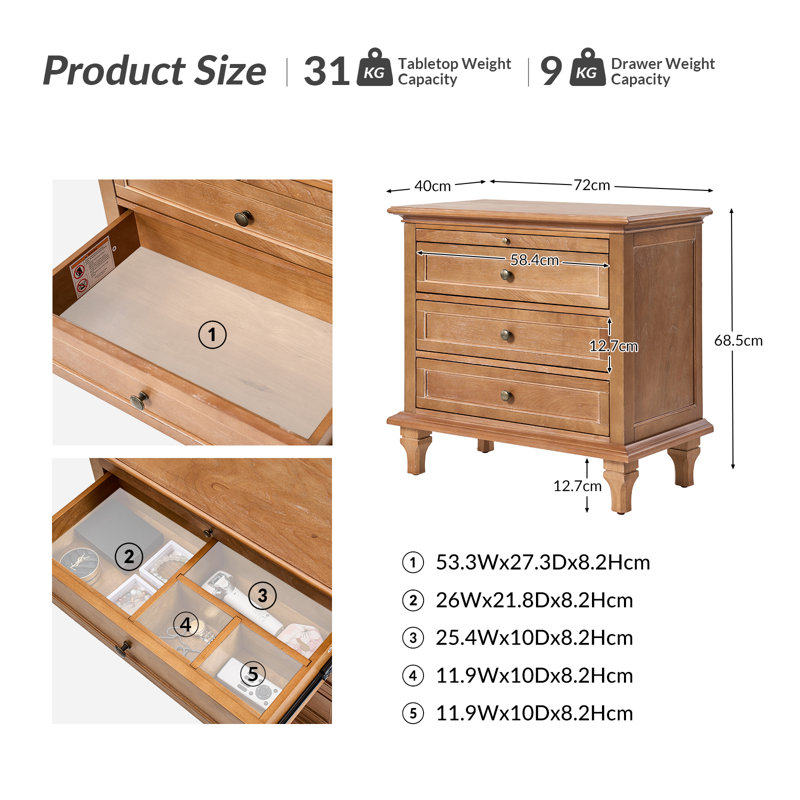 Dominic Country 72cm W 3 - Drawer Bedside Table, Acorn