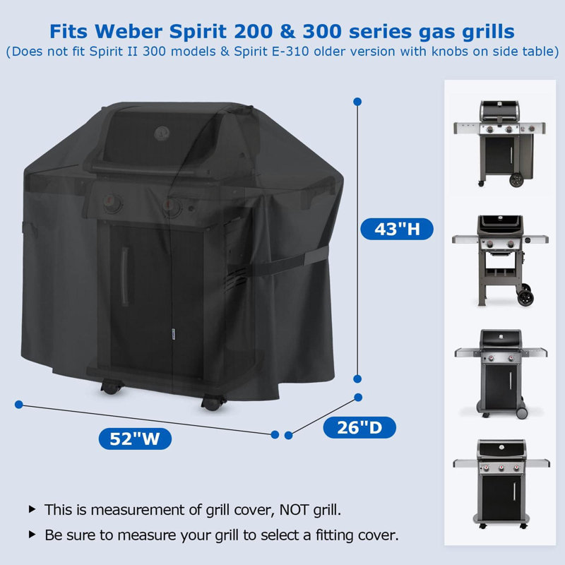 Durable 52 Inch Grill Cover - 52"X26"X43"H Waterproof Outdoor Gas BBQ Cover, Fits 200/300 Series Grills