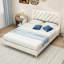 Lit double beige avec tête de lit, support stable, rembourrage, structure simple et élégante, bien conçu pour le sommeil, tête de lit ajoute du style, répond aux besoins spatiaux