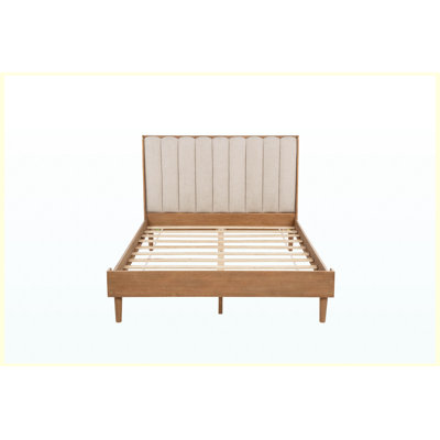 Base de lit grand format en bois avec tête de lit tapissier de style piano, base de lit renforcée, finition blé