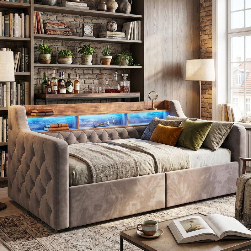 Smart Upholstered Storage Daybeds Upholstered Velvet Daybed, Dark Grey