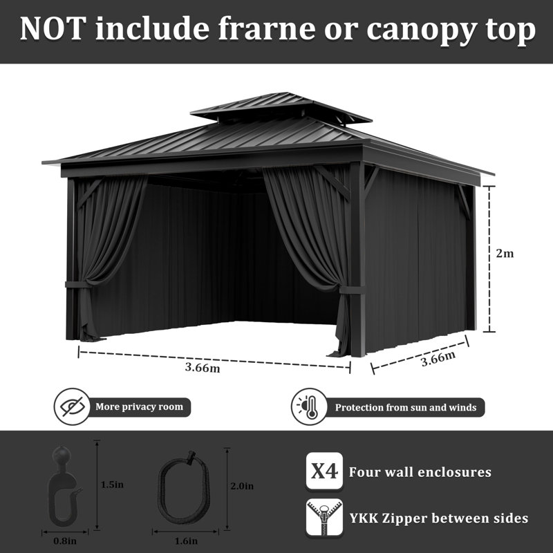 Rideaux à 4 panneaux latéraux pour pavillon de jardin, seulement rideaux, H 78,74 po x l 144 po x P 144 po, Noir