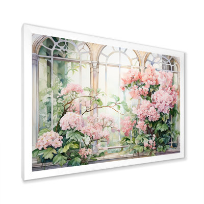 «Pink Blossoming Country Window Gaze III», art mural grande fenêtre