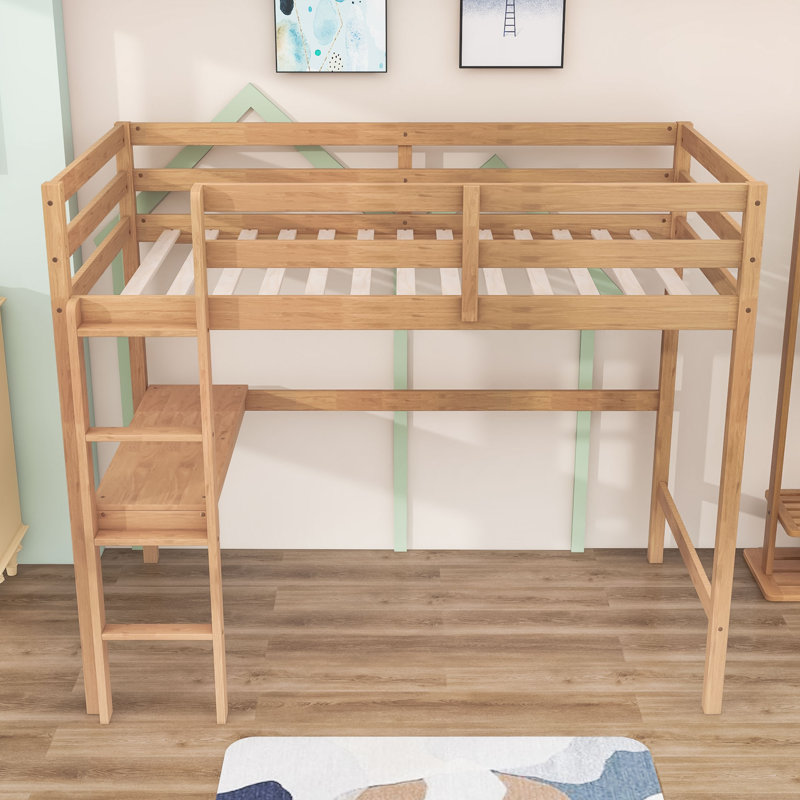 Lit mezzanine simple avec bureau d'étude intégré, barrière de sécurité et échelle, Chêne blanc