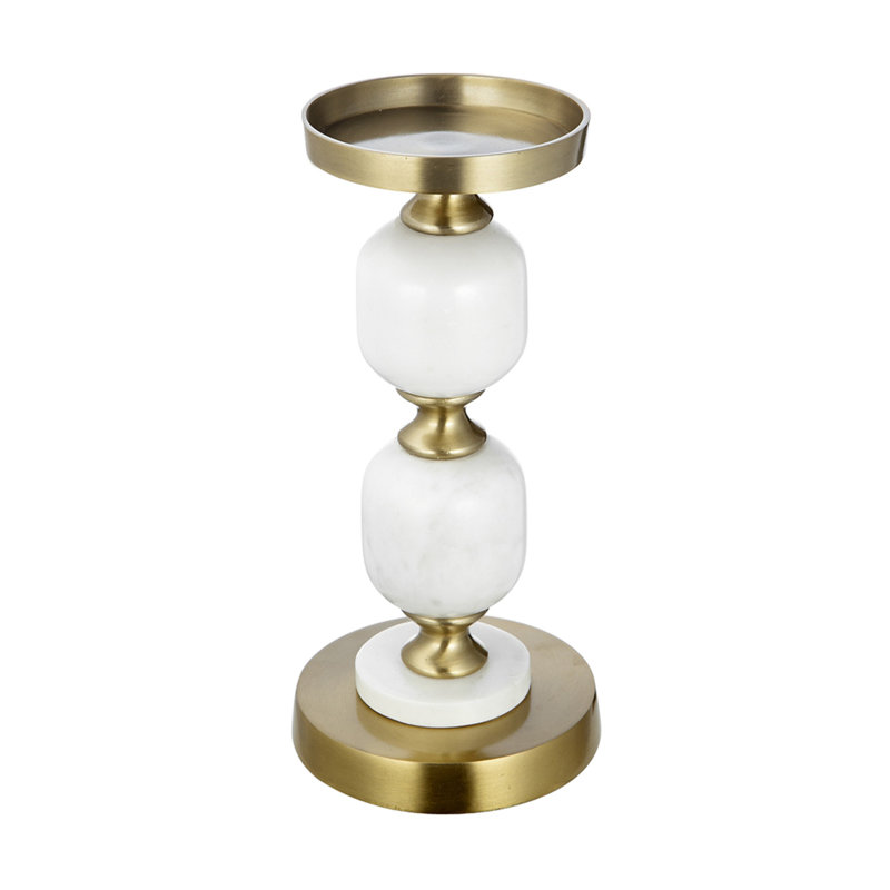 Porte-bougie Kea, 2 sphères sphériques en marbre blanc avec accent doré, 11 po, H 11 po x l 5,1 po x P 5,1 po