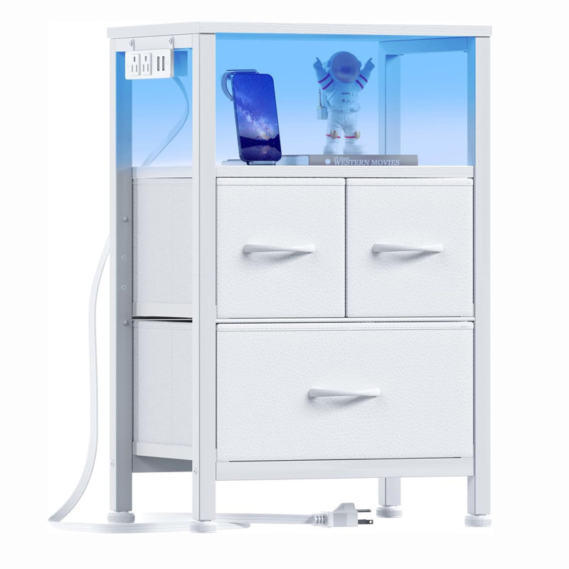 White Fabric and Wood 3-Drawer Nightstand with LED and USB Ports