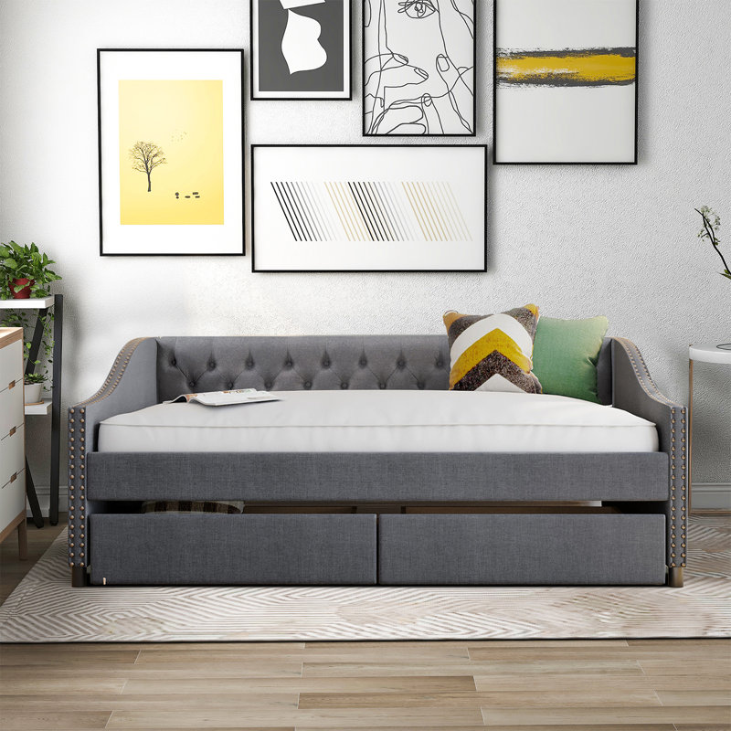 Karl Modern Elegant Full Size Upholstered Daybed with Two Underbed Drawers, Gray